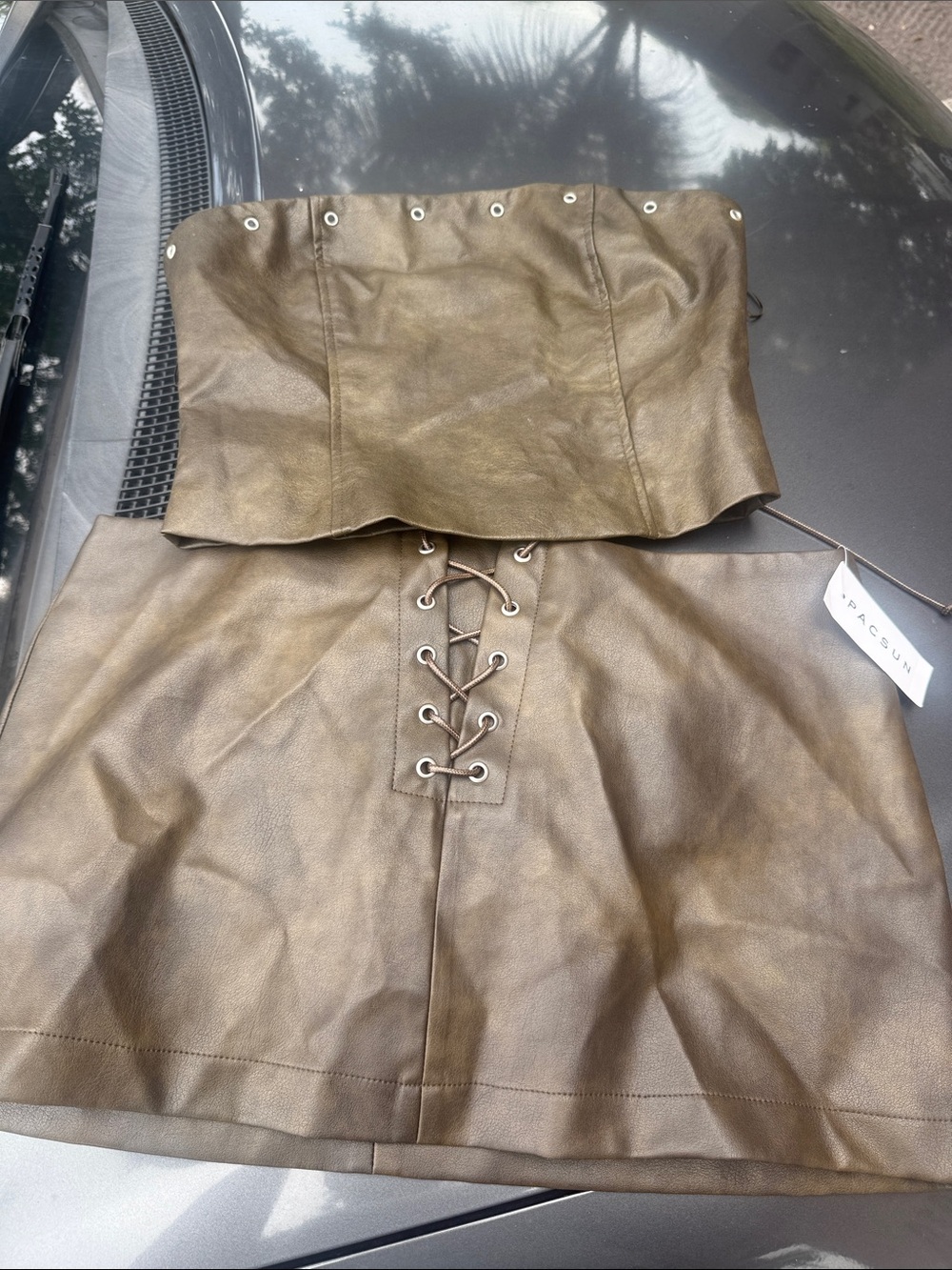 Strapless Olive Brown Faux Leather Lace-Up Mini Skirt
